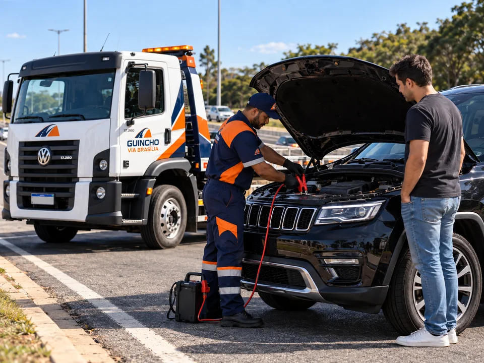 Profissional conectando equipamento de auxílio de bateria sob o capô de um SUV.