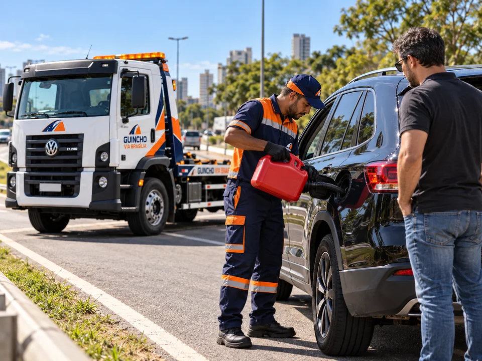 Profissional auxiliando um motorista com recipiente de combustível junto ao veículo.