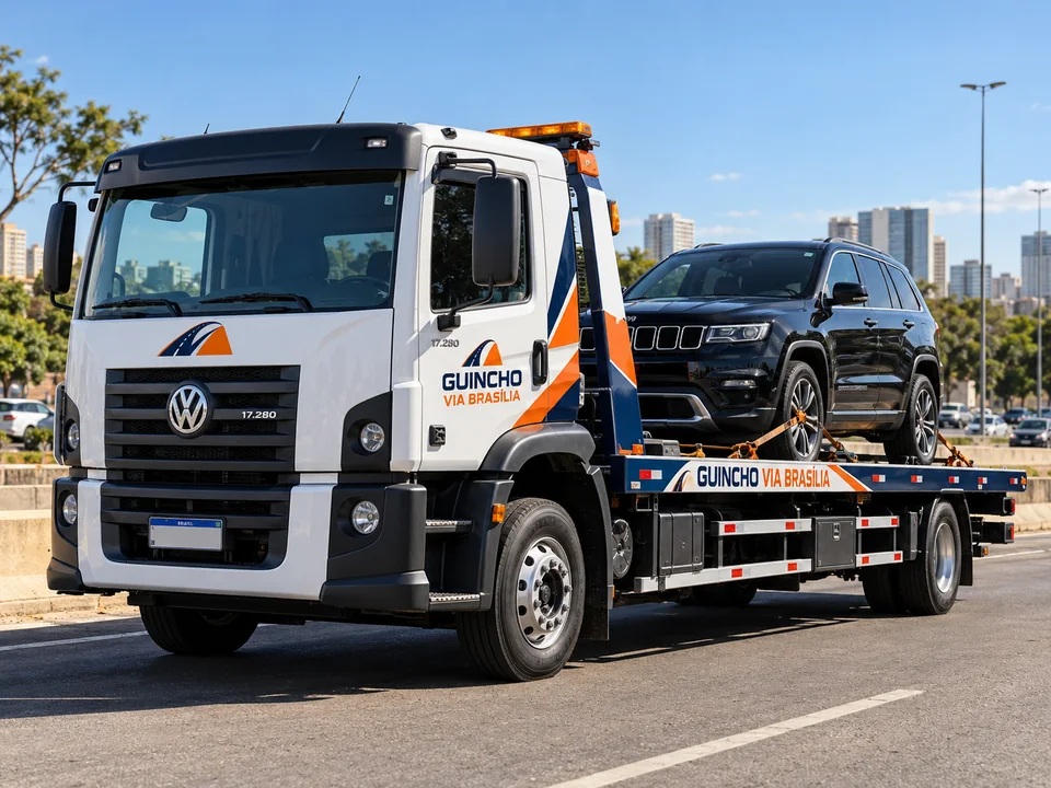 Caminhão guincho transportando um SUV na plataforma em via urbana.