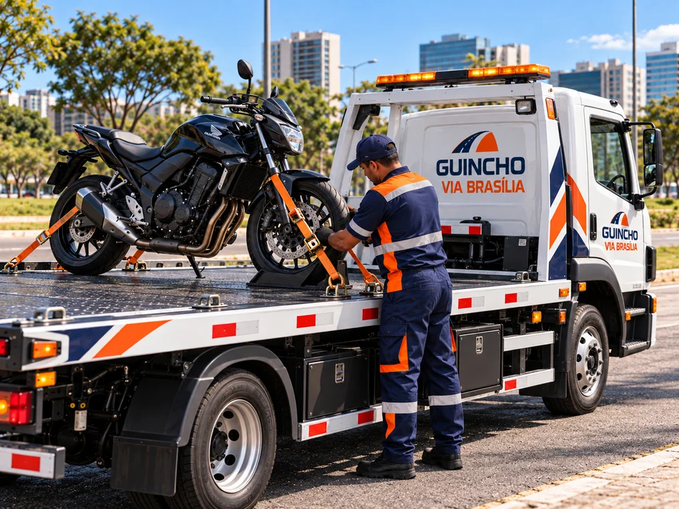 Operador ajustando a cinta de uma motocicleta sobre a plataforma do guincho.