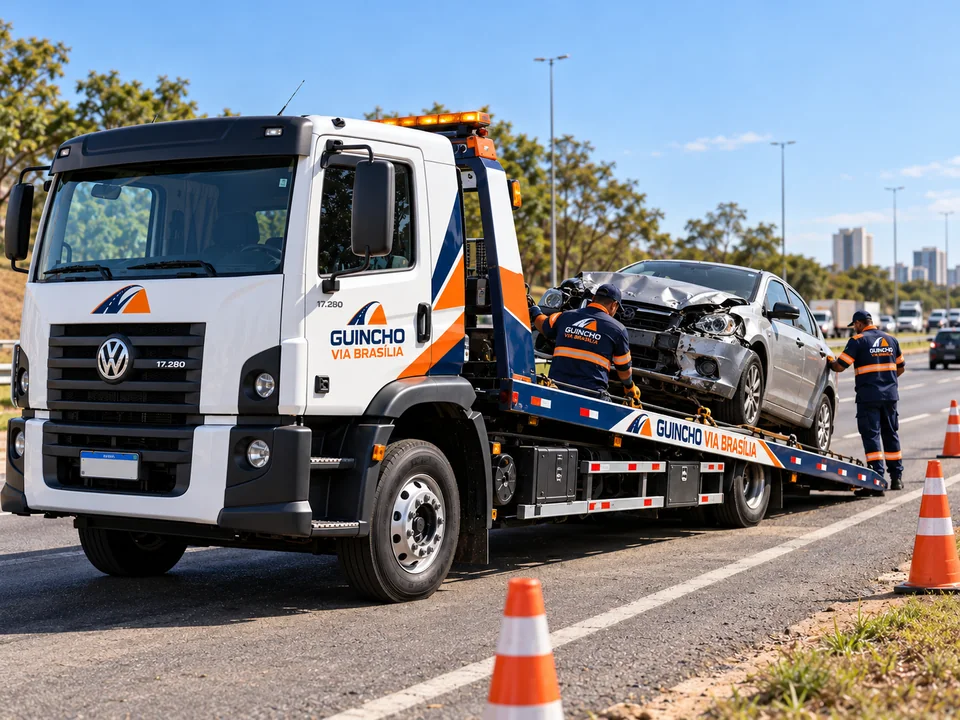 Equipe preparando o transporte de um veículo avariado na plataforma do guincho.