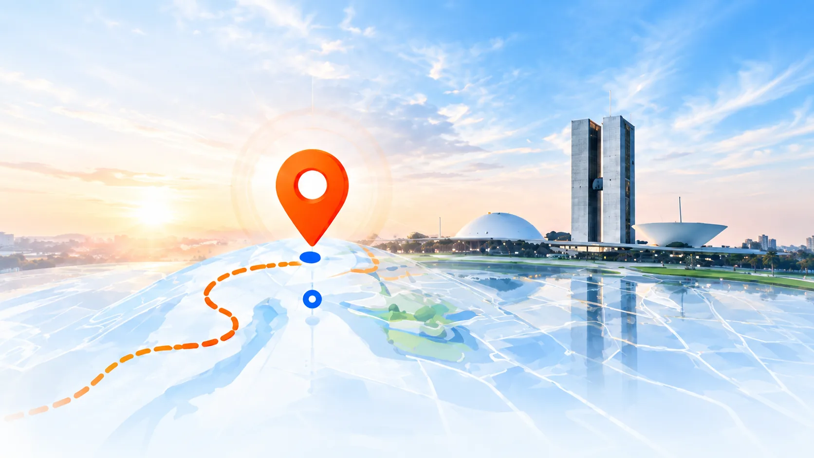 Ilustração de Brasília com um marcador de localização sobre o mapa