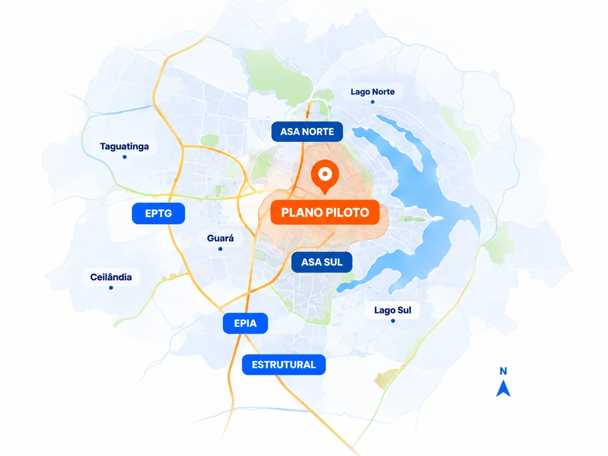 Mapa ilustrativo de Brasília com Plano Piloto, Asa Norte, Asa Sul e vias EPTG, EPIA e Estrutural.