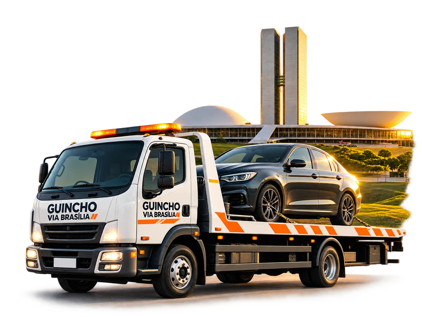 Guincho Via Brasília transportando um carro diante do Congresso Nacional