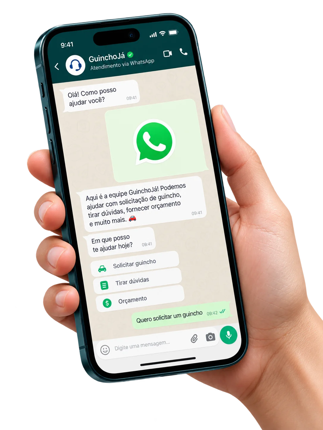 Celular ilustrativo com conversa de atendimento pelo WhatsApp